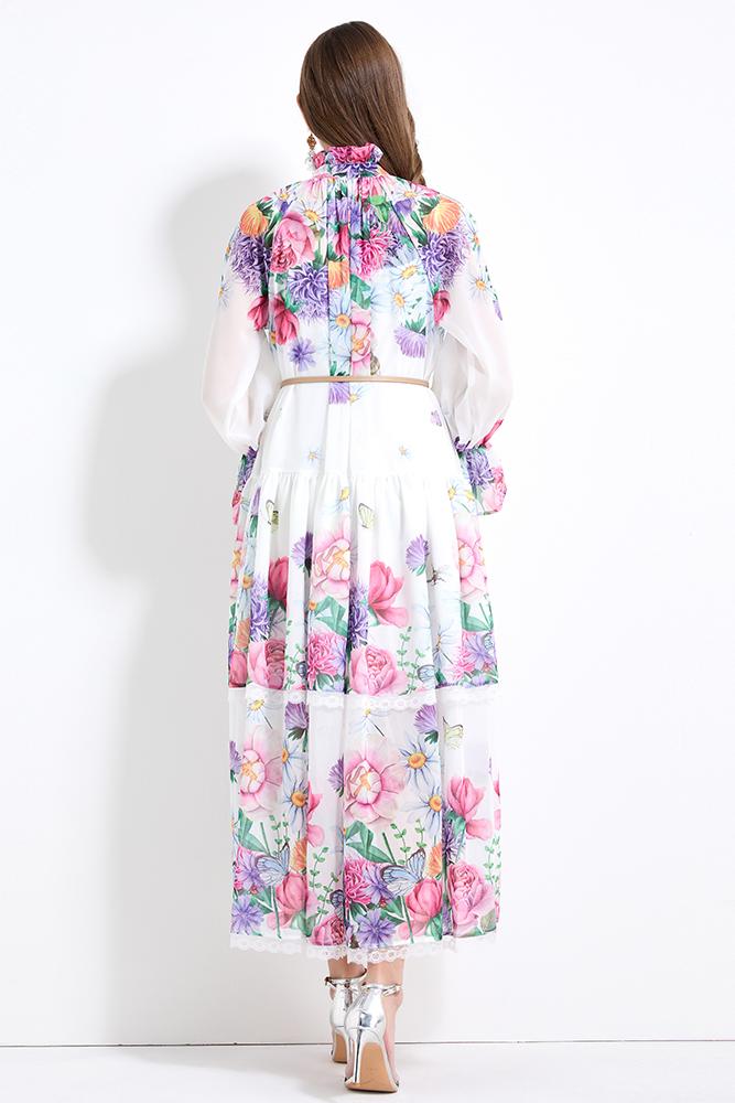 Original design - spring and summer fake lace cake skirt floral print waist ruffle skirt
