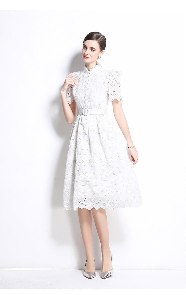Original design elegant patchwork waist cinching short sleeved dress