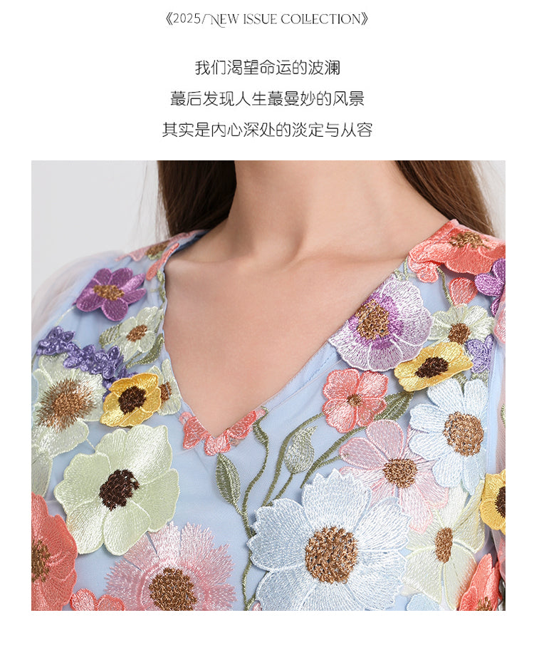 Art embroidery boutique color hand-ordered vintage V-neck slit wrap hip dress