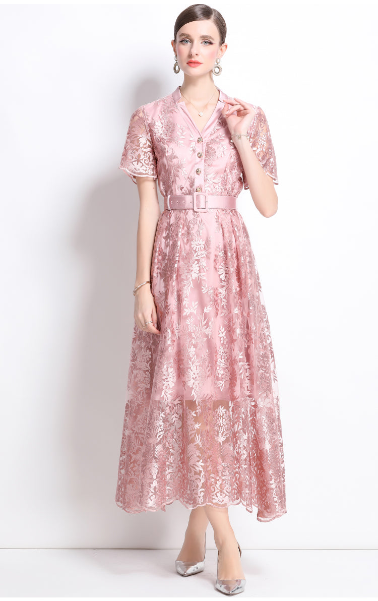 Original design mesh embroidered long dress with pockets, V-neck slim fit dress and belt