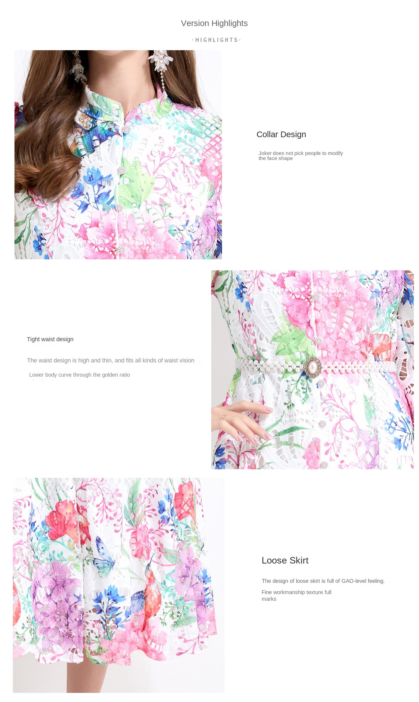 Original design - Spring/Summer vintage stand collar floral print heavy industry water-soluble long waist lace dress