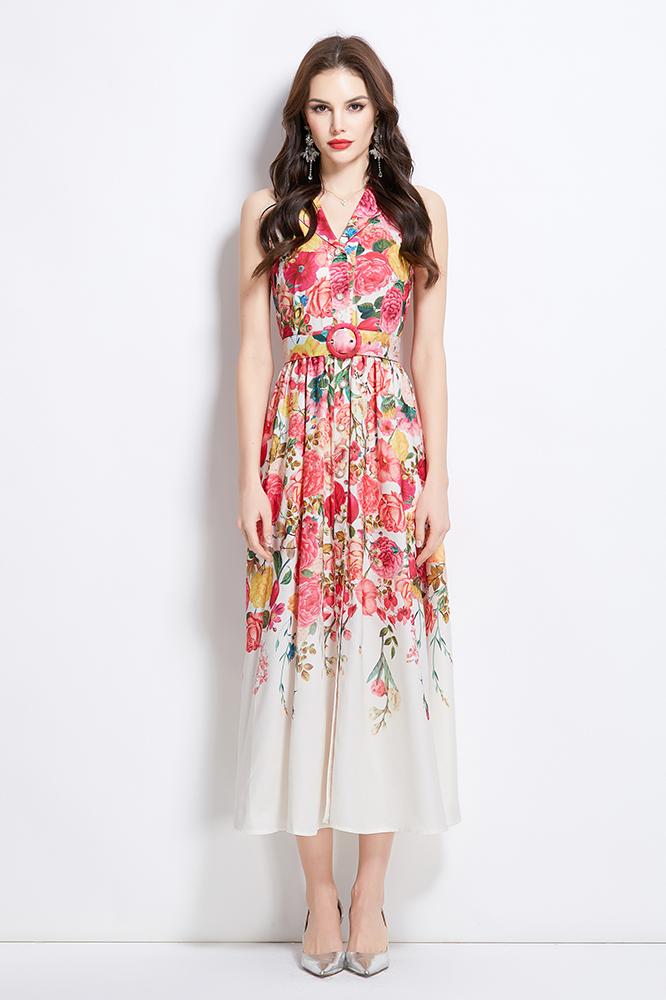 Original design for spring and summer vacation, new floral oil painting style shirt style long dress