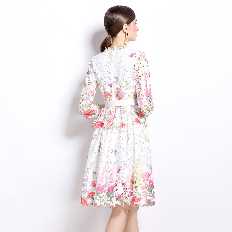 Original design mid long sleeved fashionable slimming hollow out water-soluble lace positioning mid length dress