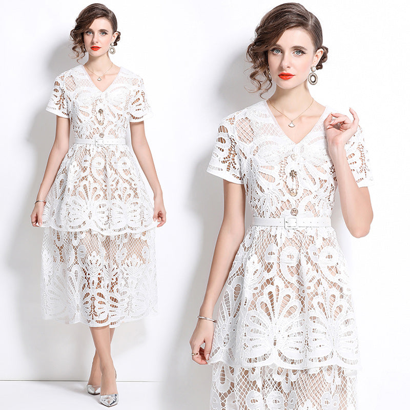 Original Design: Spring/Summer French Luxury Water soluble Embroidered Medium length Skirt with V-neck and Waist cinching to Look Thin Dress