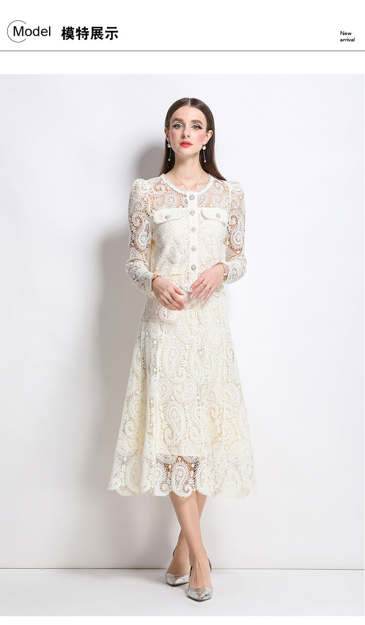 Real shot spot8583# New Style Chanel-Inspired Set Light Luxury High-End Water-Soluble Lace Skirt Two-Piece Set