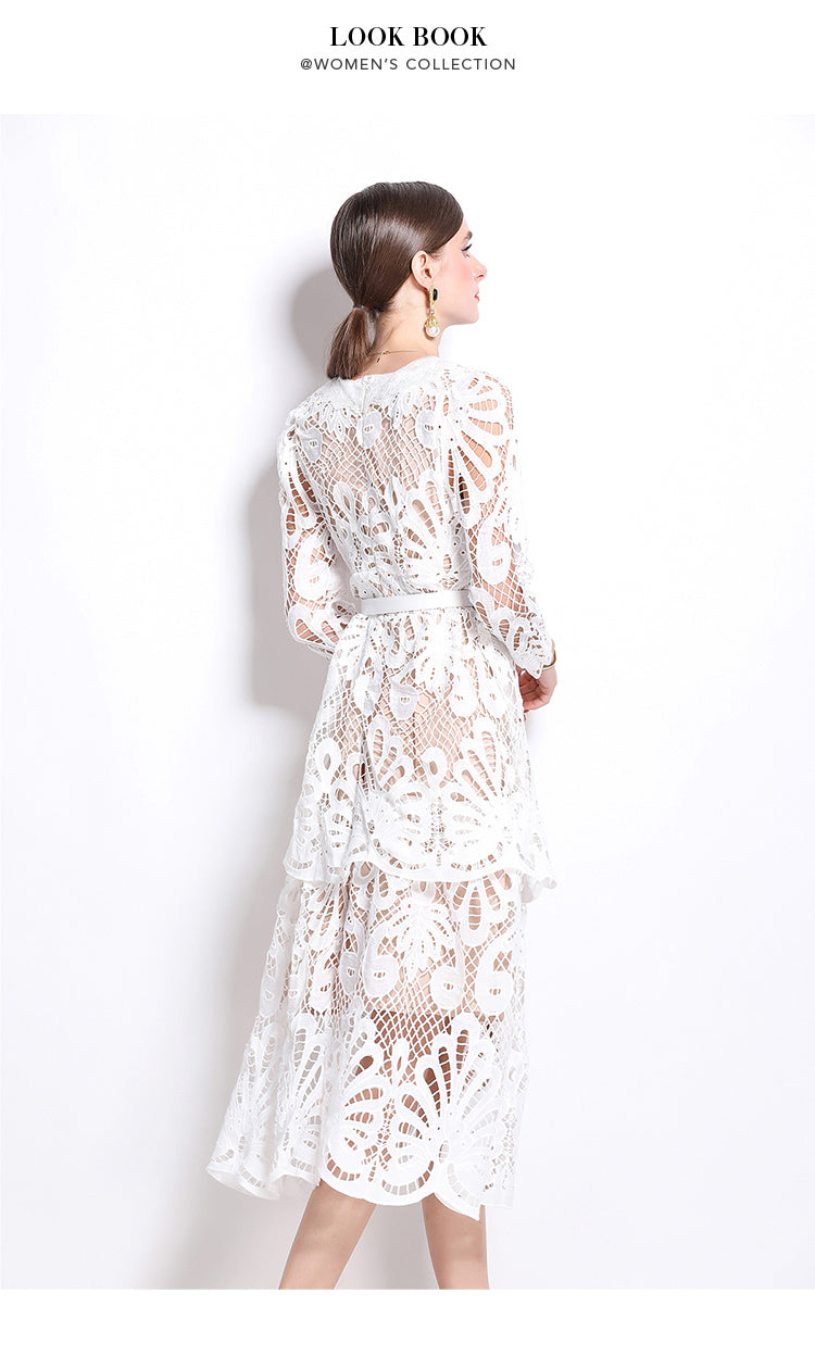 Original Design: Spring and Summer High End Water soluble Embroidered Medium length Skirt with V-neck and Waist cinching to Look Thin Dress