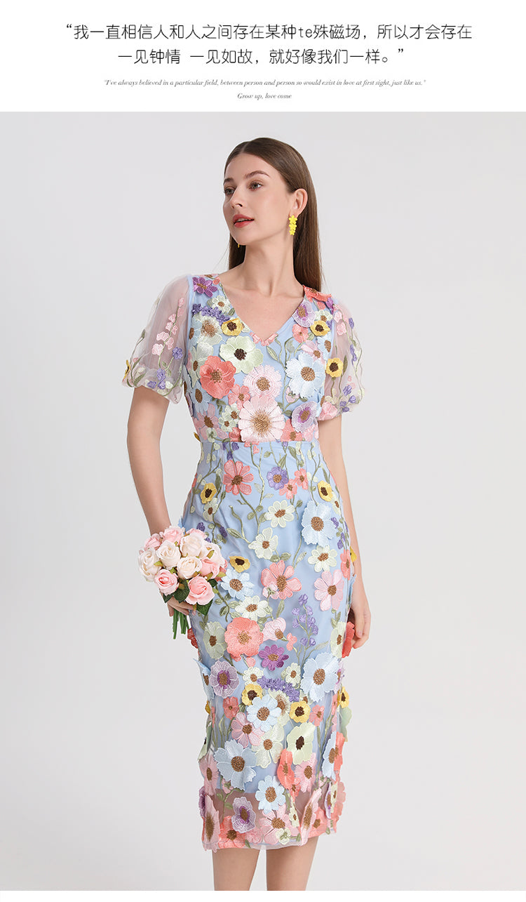 Art embroidery boutique color hand-ordered vintage V-neck slit wrap hip dress