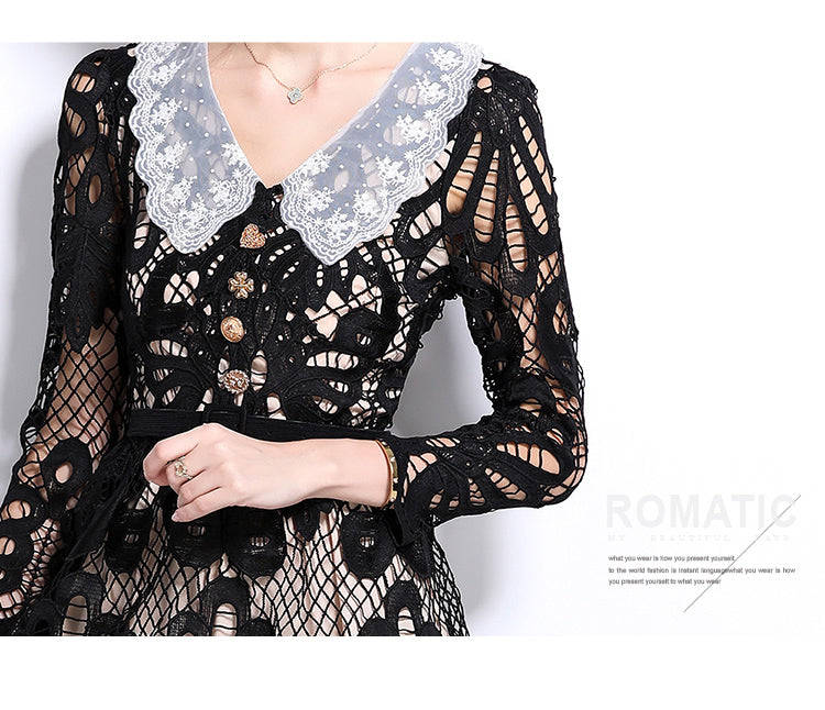 Original Design: Spring and Summer High End Water soluble Embroidered Medium length Skirt with V-neck and Waist cinching to Look Thin Dress