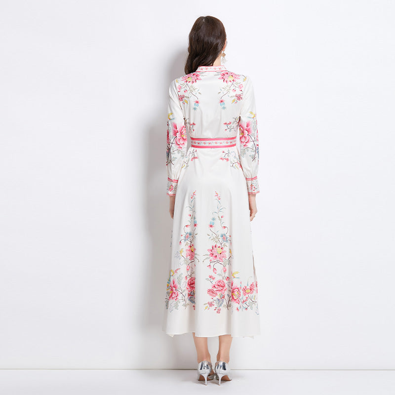 Original design mid length dress with blue and white porcelain pattern standing collar for spring, summer, autumn vacation