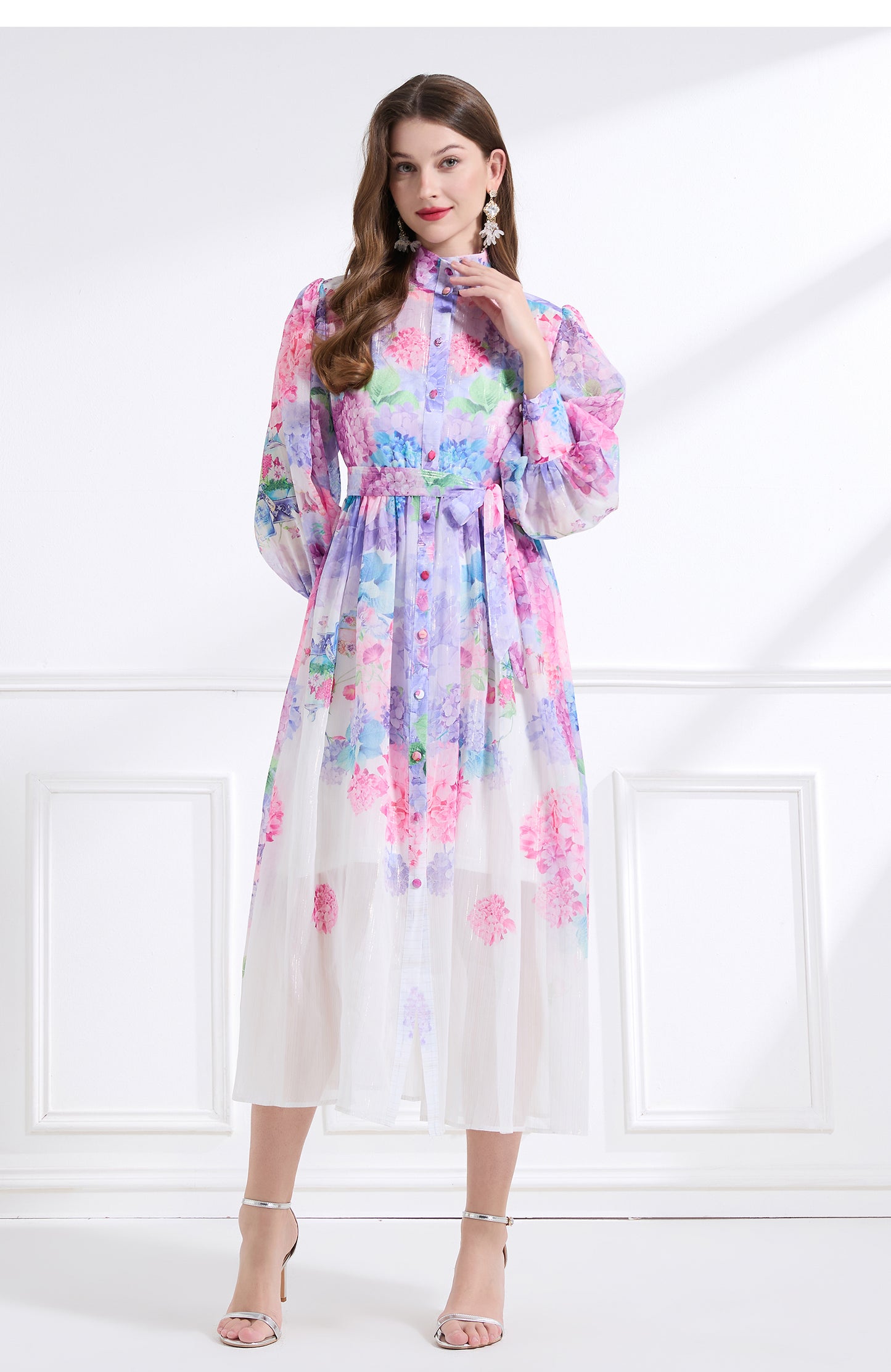 Original design - stand collar, watercolor, floral print, balloon sleeves, cinched waist, large skirt, ruffled skirt