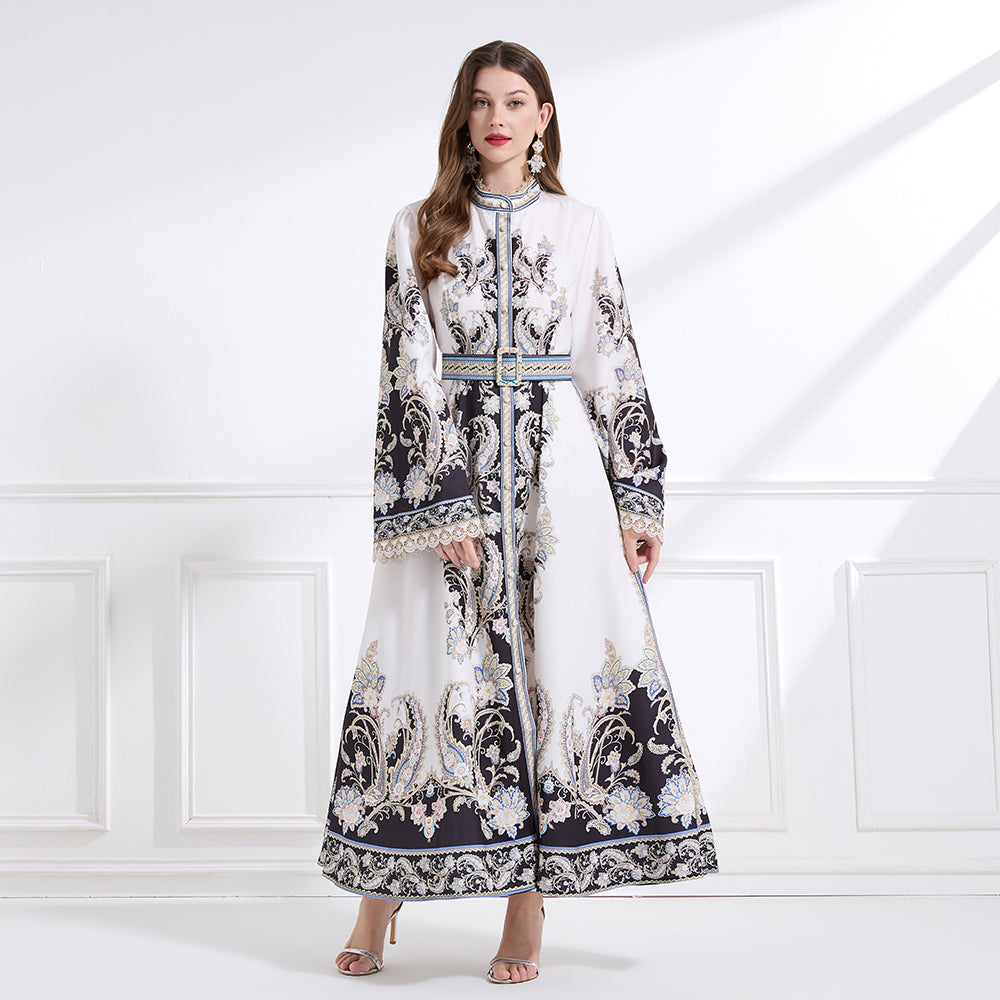 Original design - court-style vintage stand-up collar lace print tunic with large hem waist
