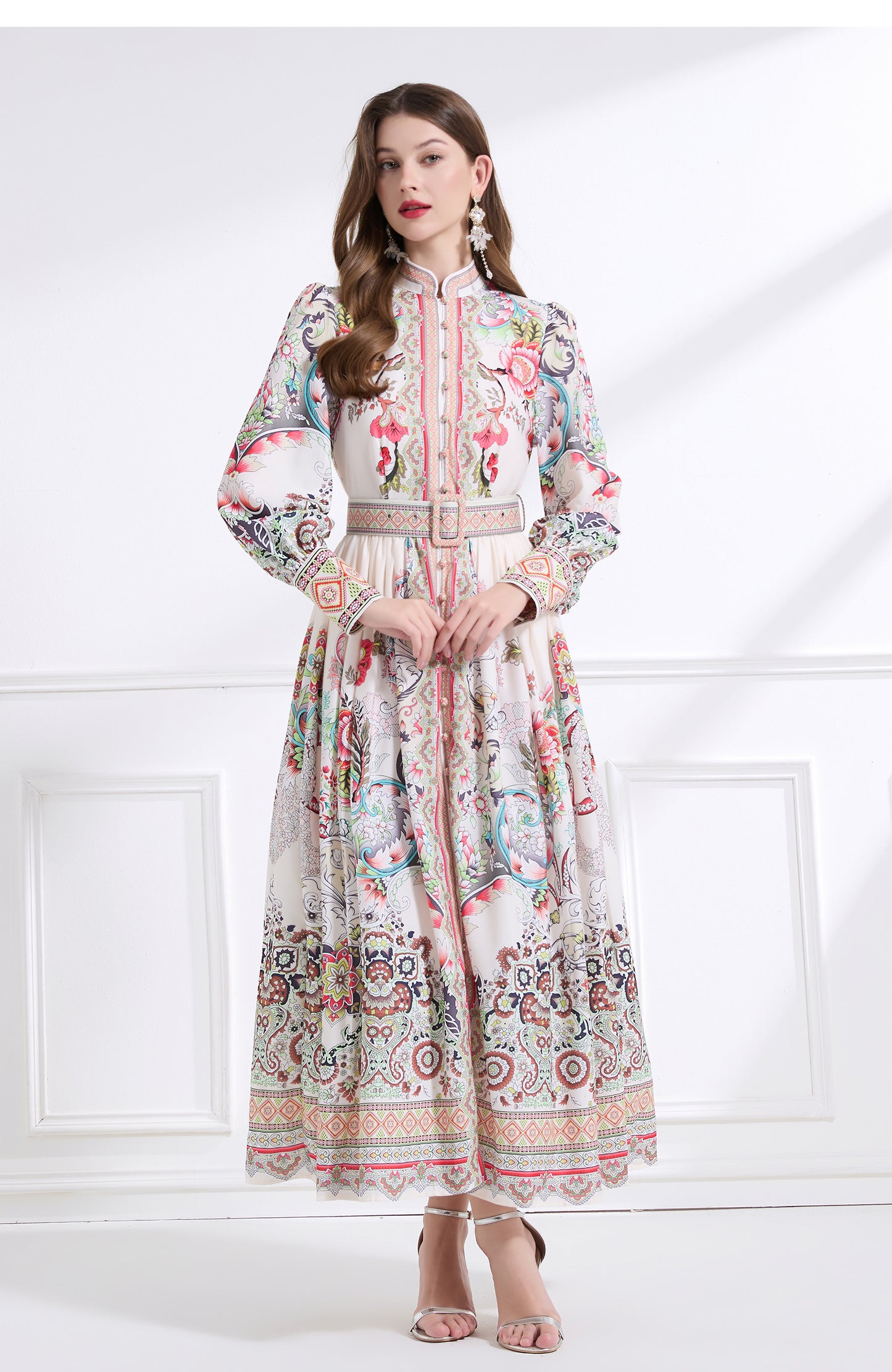 Original design - Spring, Summer, Autumn court style stand collar vintage print balloon sleeve ruffled maxi dress