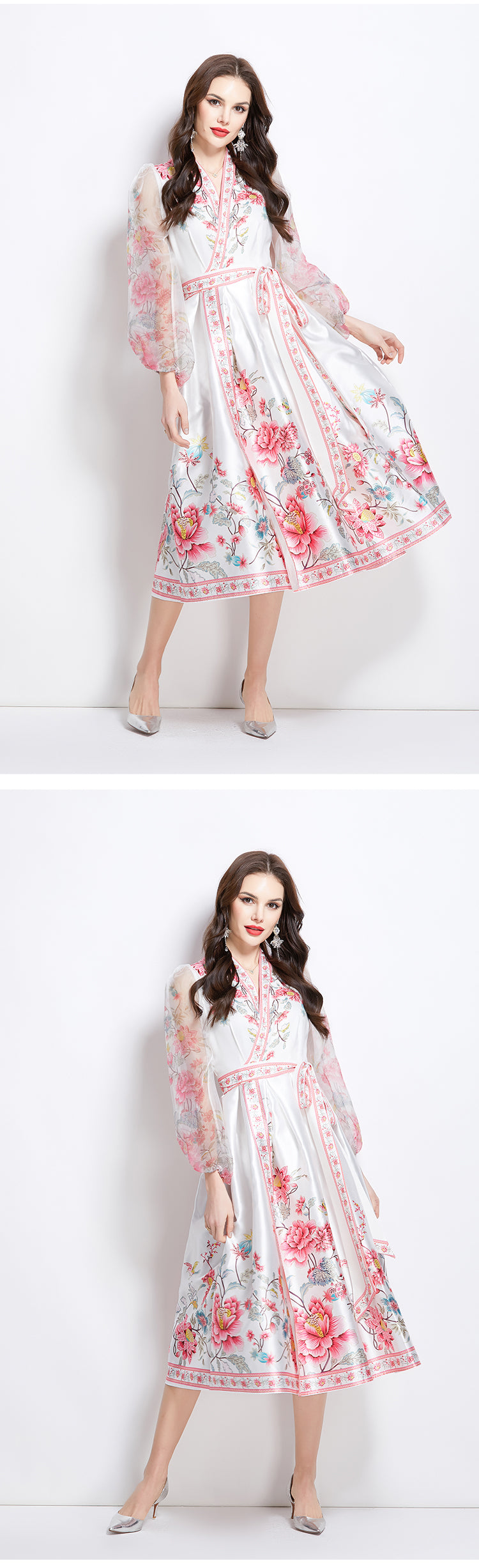 Original Design Spring/Summer V-neck Ethnic Style Printed Satin Wrapped Long Dress