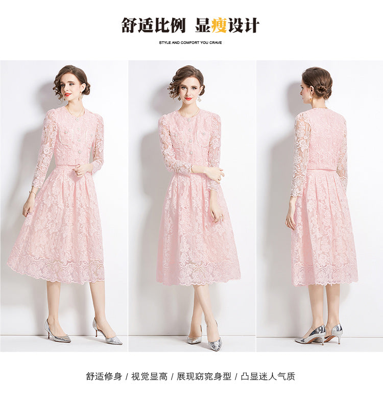 Original design for spring and summer long sleeved small fragrance style set light luxury temperament water-soluble lace skirt two-piece set