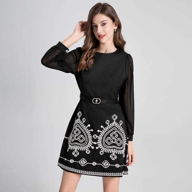 Original Design Light Luxury Heavy Industry Chiffon Splicing Plate Belt Embroidered High Waist Slimming Style Dress