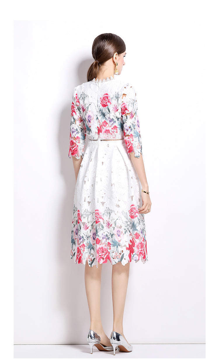 Original design mid long sleeved fashionable slimming hollow out water-soluble lace positioning mid length dress