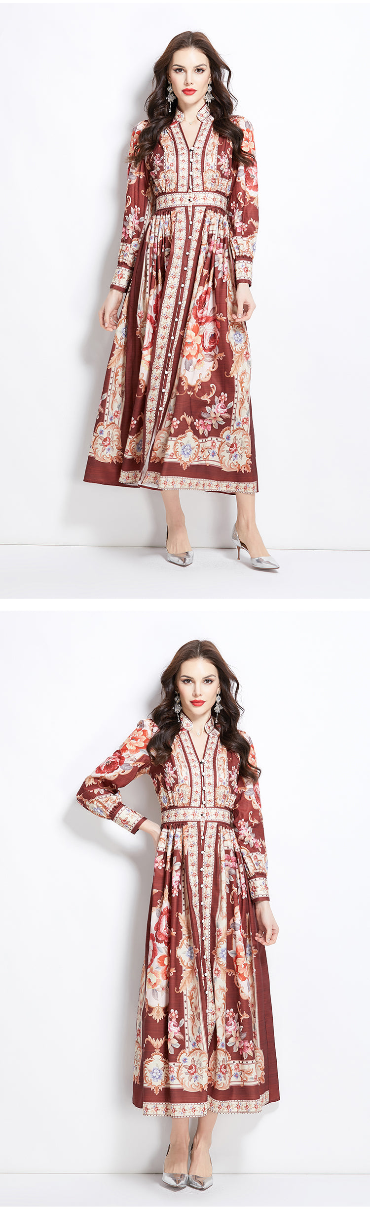 Original Design Spring/Summer Classical Palace Style Printed Flower Bouquet Waist Single breasted Long Dress