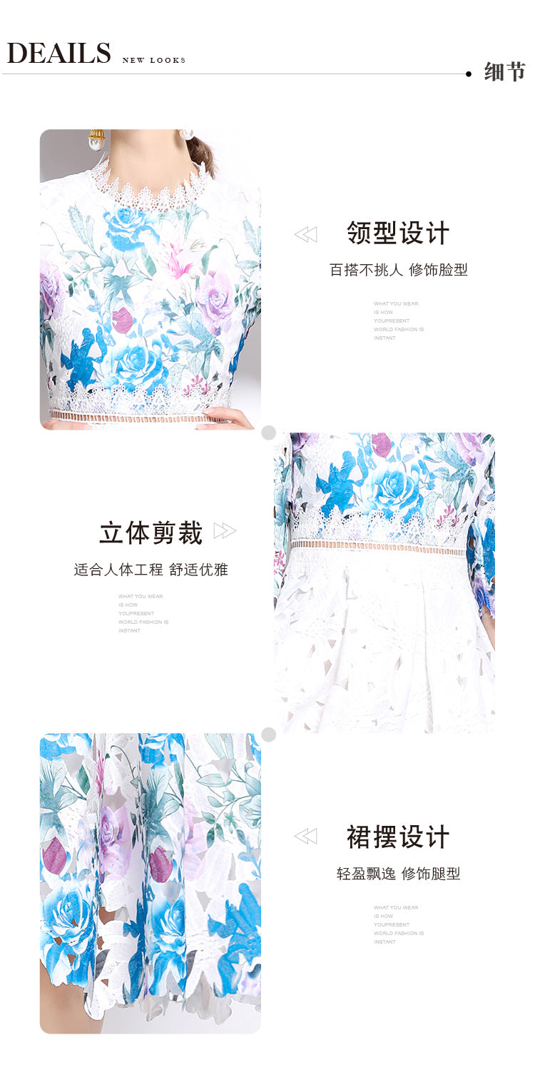 Original design mid long sleeved fashionable slimming hollow out water-soluble lace positioning mid length dress