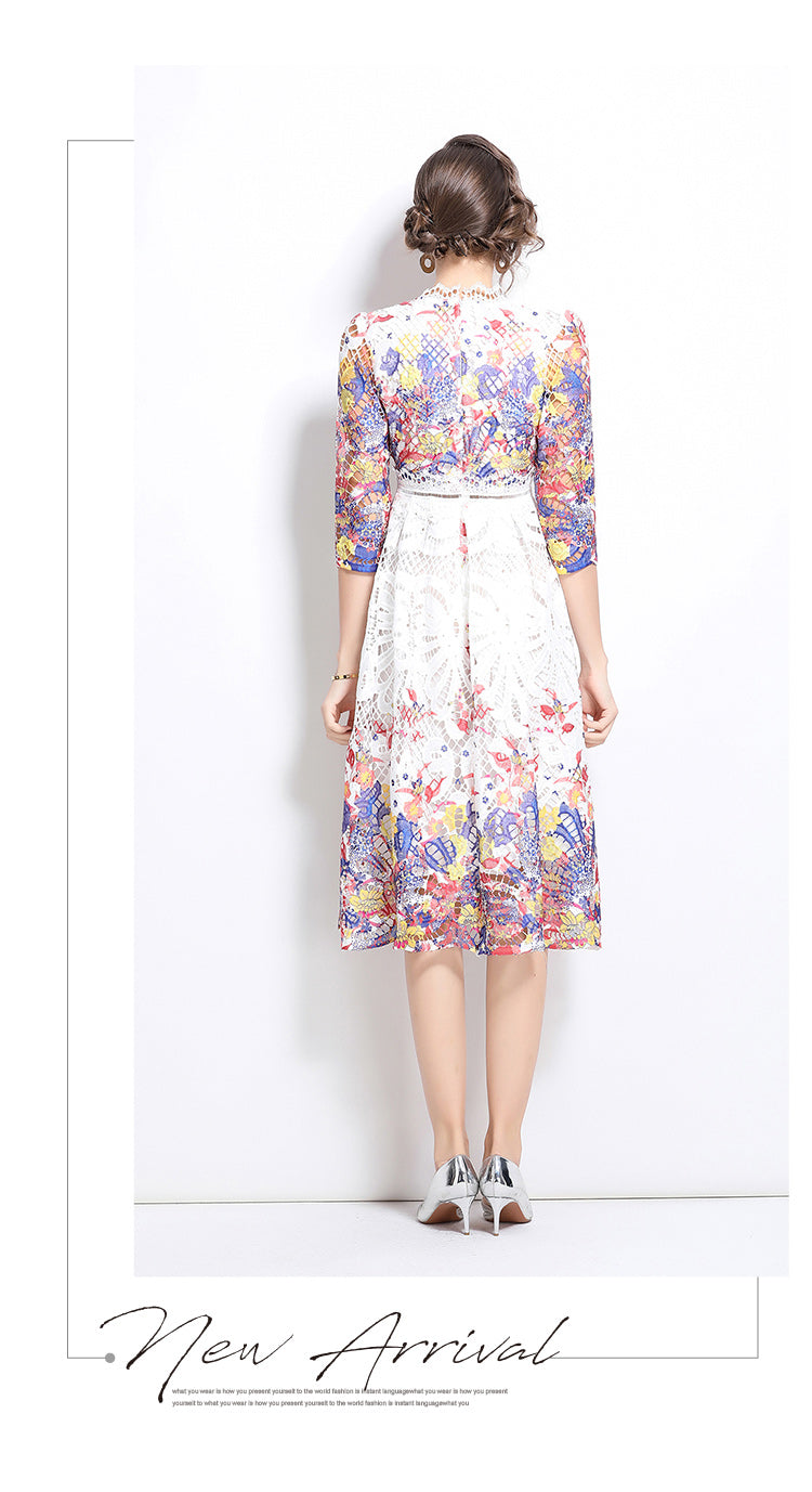 Original design mid long sleeved fashionable slimming hollow out water-soluble lace positioning mid length dress
