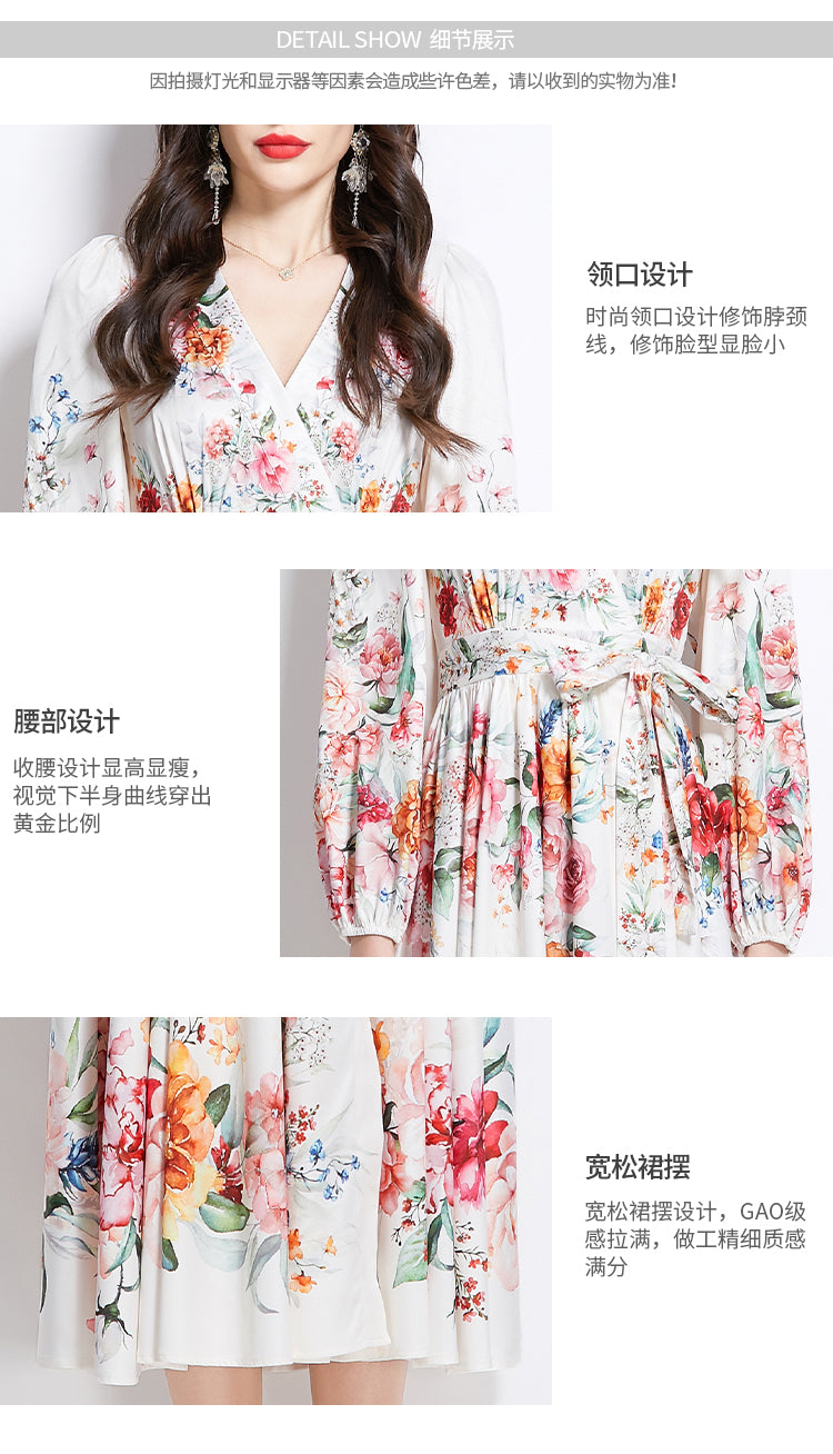 Original Design Spring/Summer Oil Painting Flower Pattern Wrapped Mid length Dress