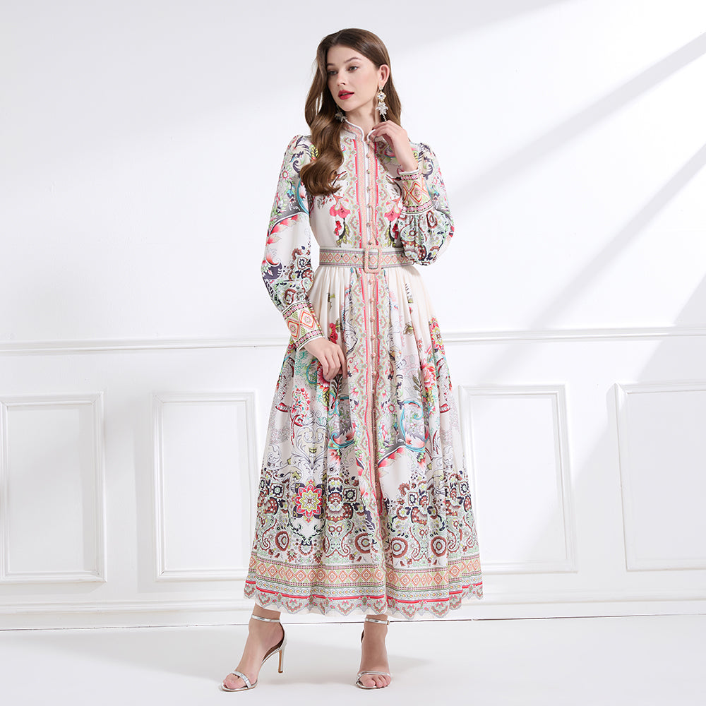 Original design - Spring, Summer, Autumn court style stand collar vintage print balloon sleeve ruffled maxi dress