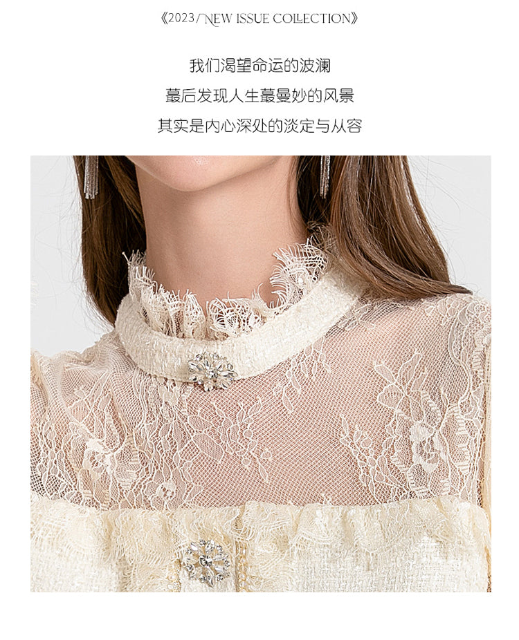 Women's clothing heavy art, coarse tweed splicing mesh cake skirt