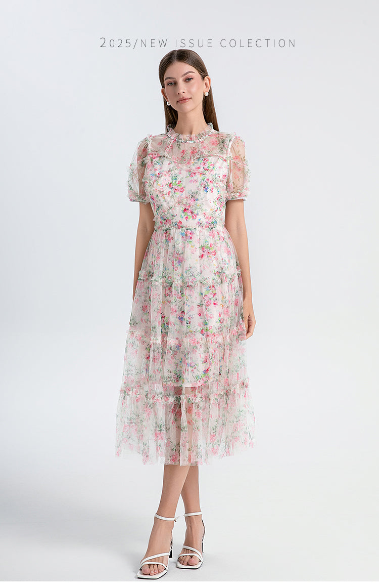 Original design heavy industry nail drill small floral French boutique mesh summer sweet dress