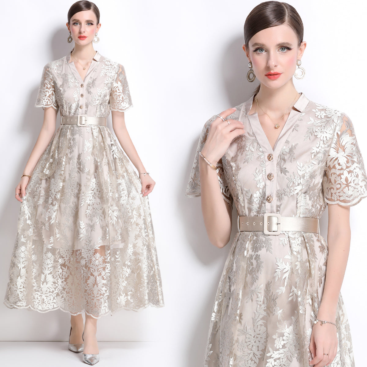 Original design mesh embroidered long dress with pockets, V-neck slim fit dress and belt