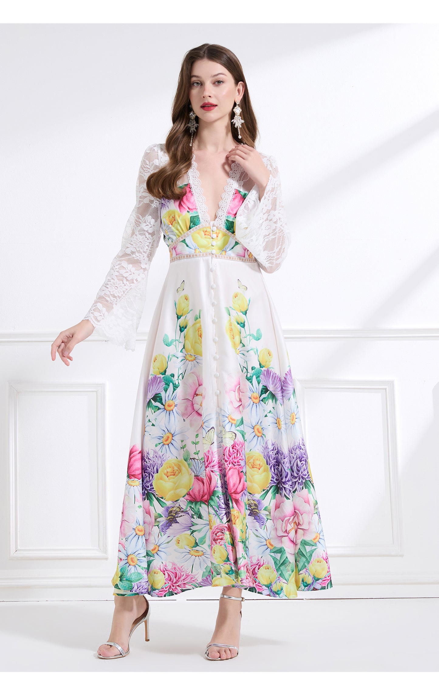 Original design - spring and summer resort style lace patchwork print waist maxi skirt ruffle dress