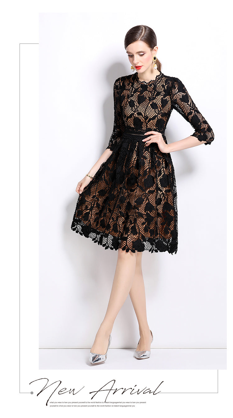 Original design mid long sleeved fashionable slimming hollow out water-soluble lace positioning mid length dress