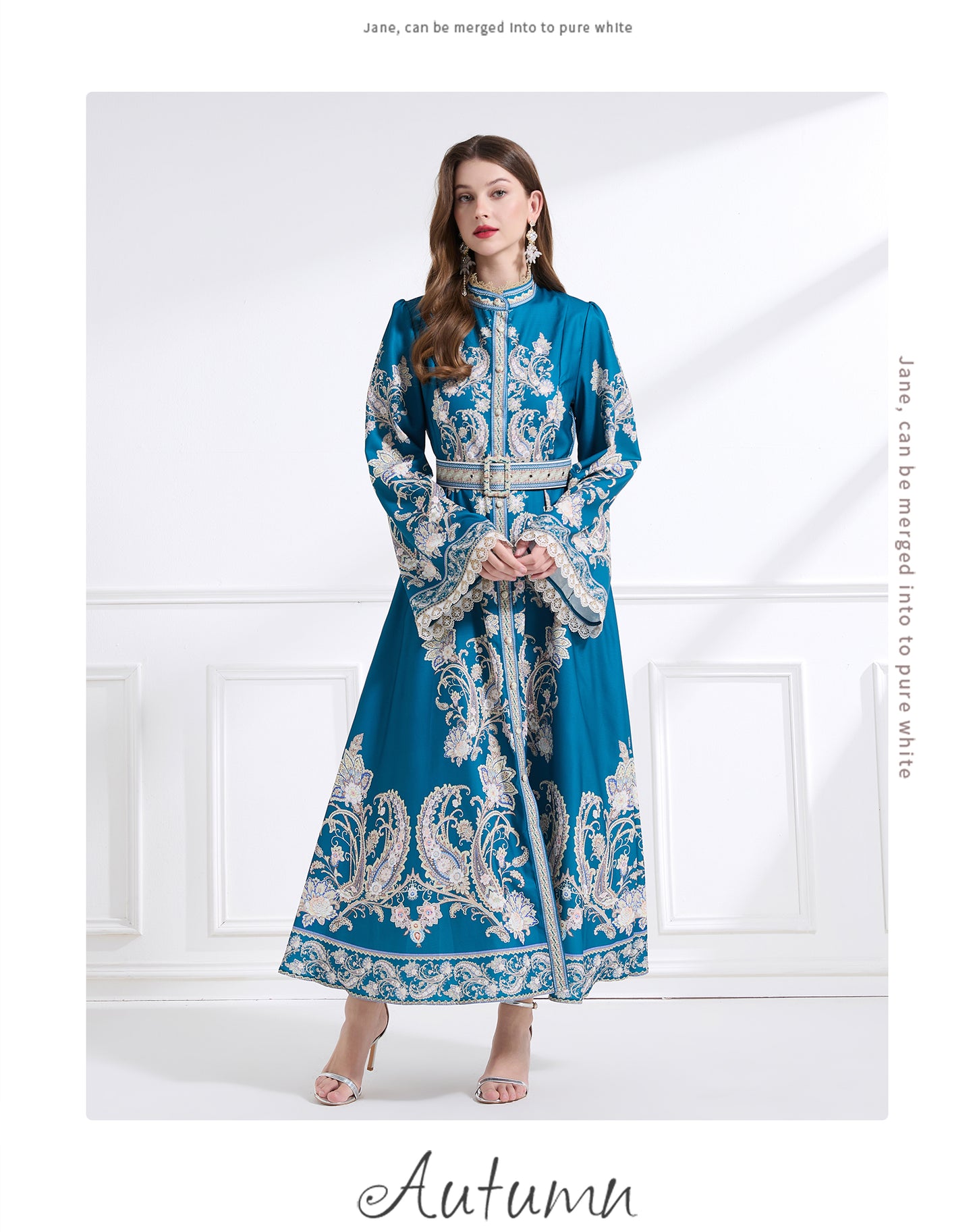 Original design - court-style vintage stand-up collar lace print tunic with large hem waist