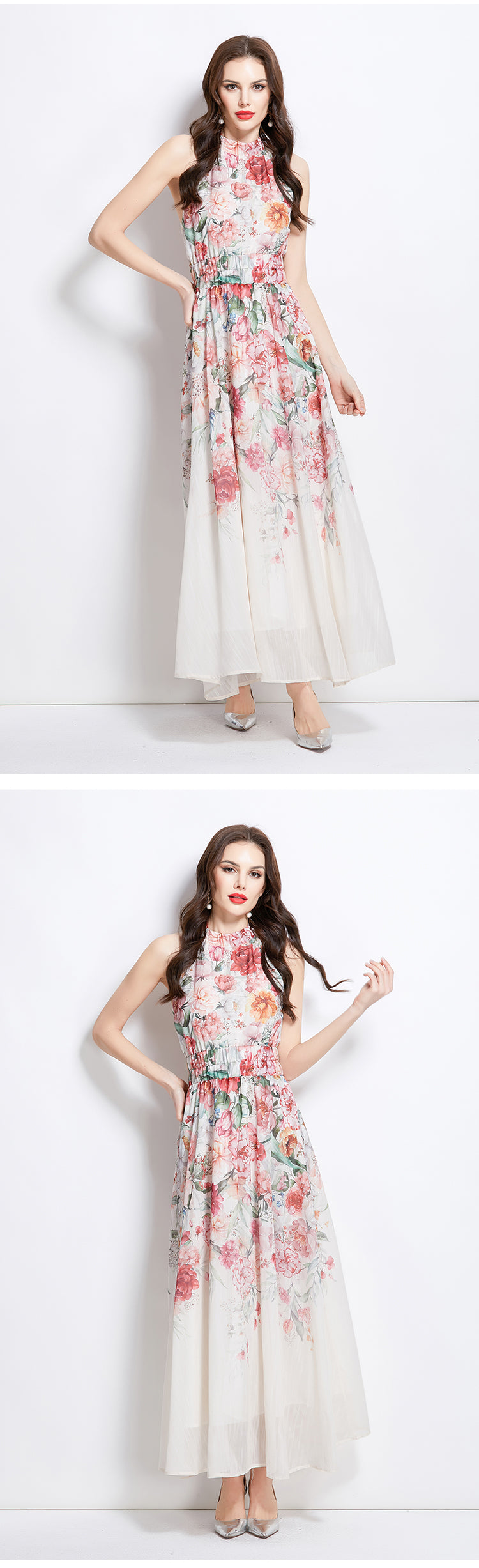 Original Design Spring/Summer Vacation New Oil Painting Flower Printed Hanging Neck Long Dress