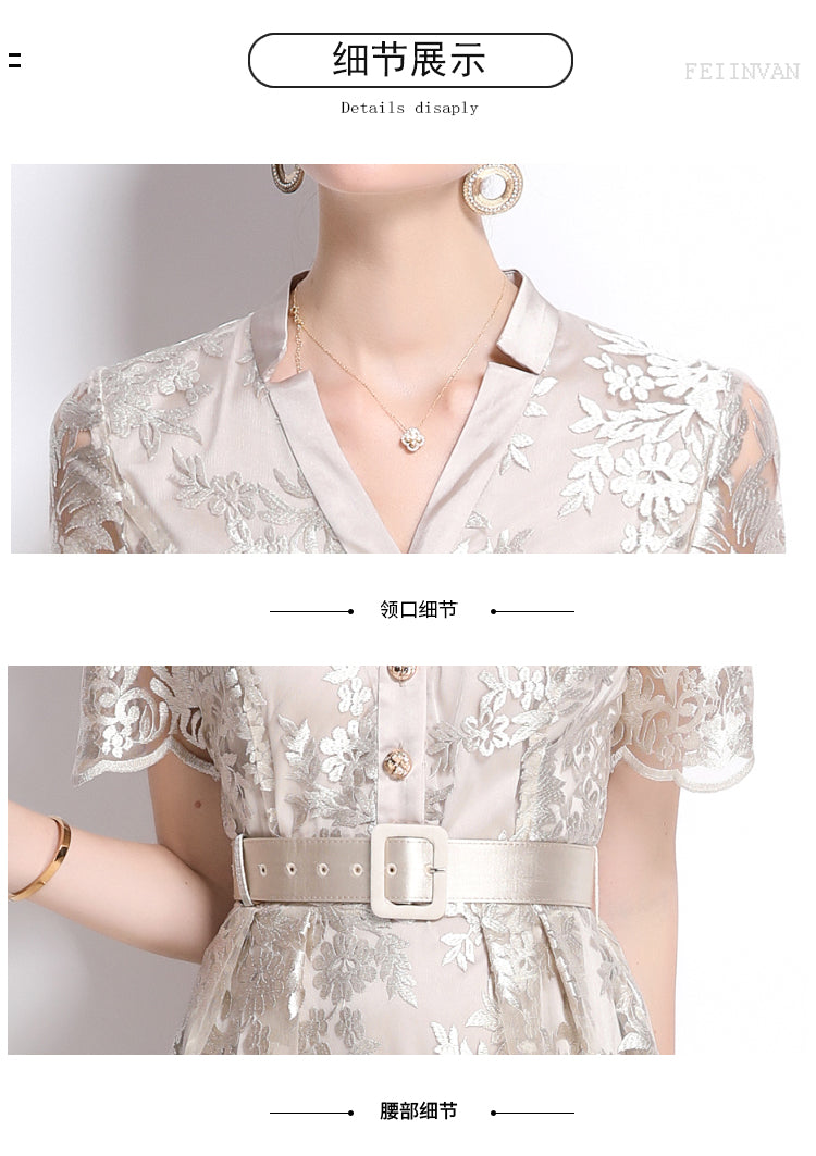 Original design mesh embroidered long dress with pockets, V-neck slim fit dress and belt