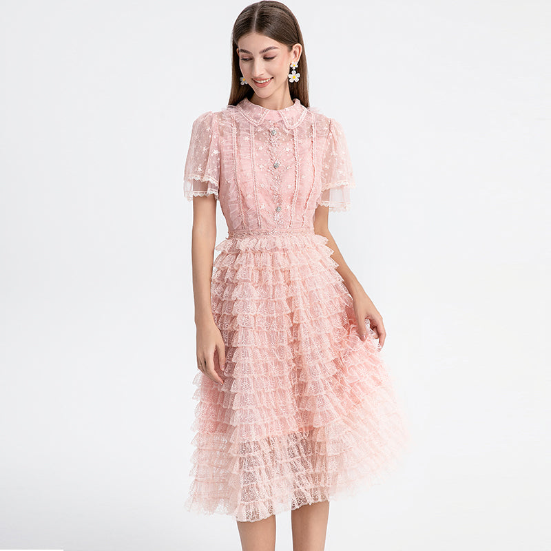 Original design short sleeved French sweet lace lace cake skirt with nail and diamond waist cinching temperament dress