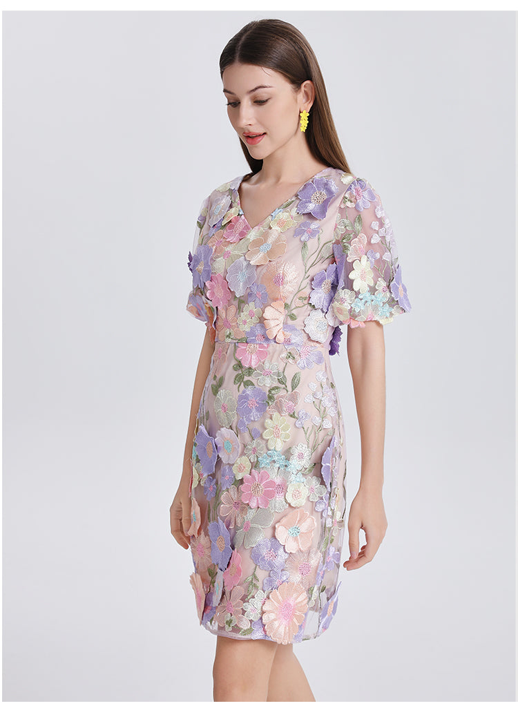 Original Design Heavy Industry Embroidery Boutique Handmade Color Customized Flower V-neck Bubble Sleeve Wrap Hip Dress
