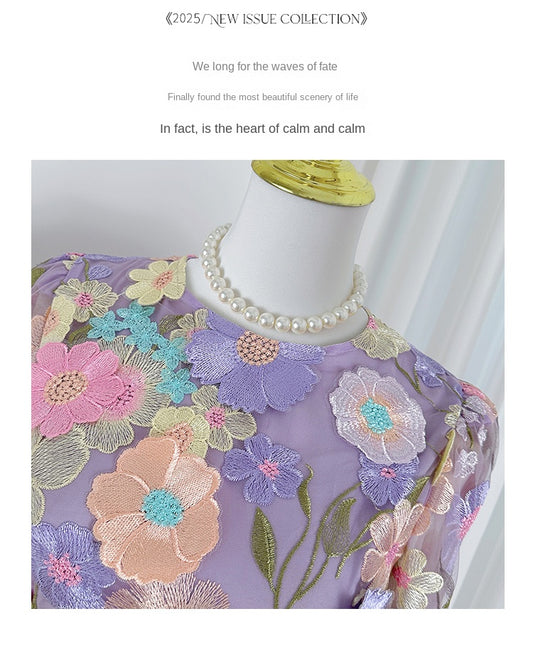 Fine art boutique color embroidery handmade three-dimensional flower slim mermaid skirt temperament women's dress