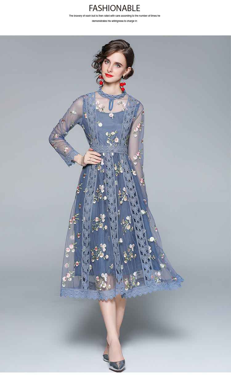 Original Design Heavy Industry Fine Embroidery Mesh French Long Style Super Fairy Sweet Dress