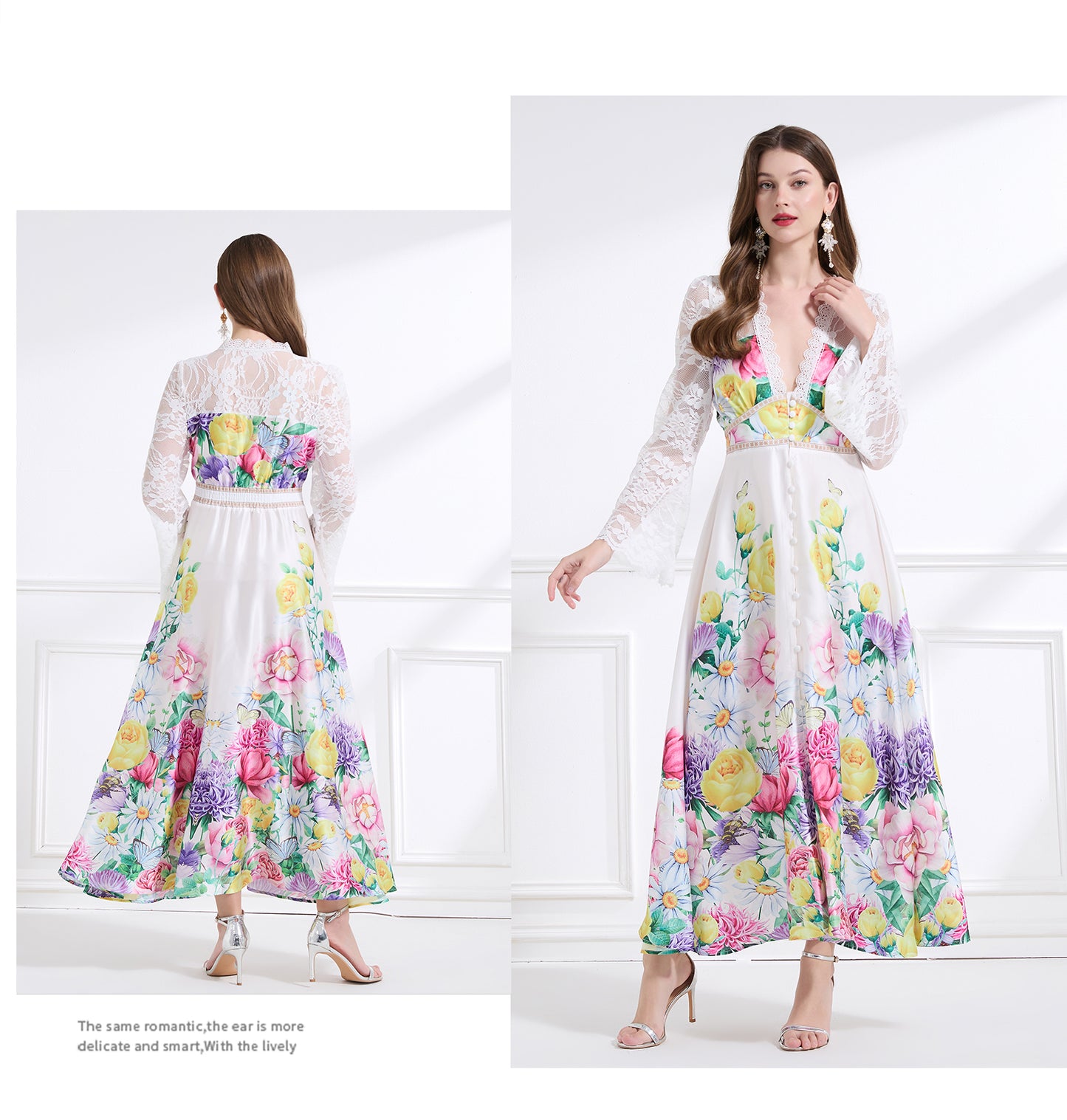 Original design - spring and summer resort style lace patchwork print waist maxi skirt ruffle dress
