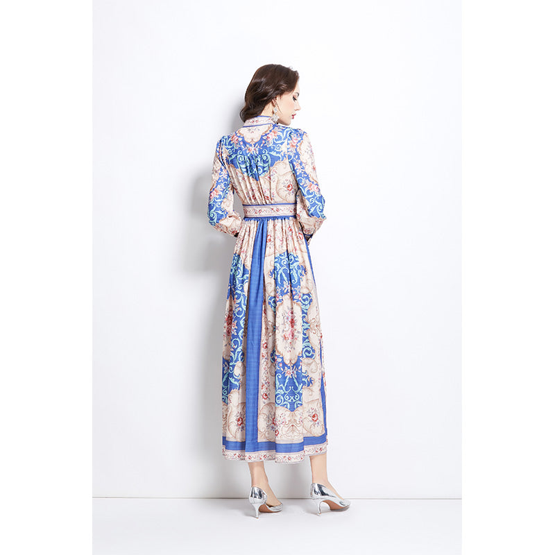 Original Design Spring/Summer Classical Palace Style Printed Bouquet Waist Single breasted Long Dress