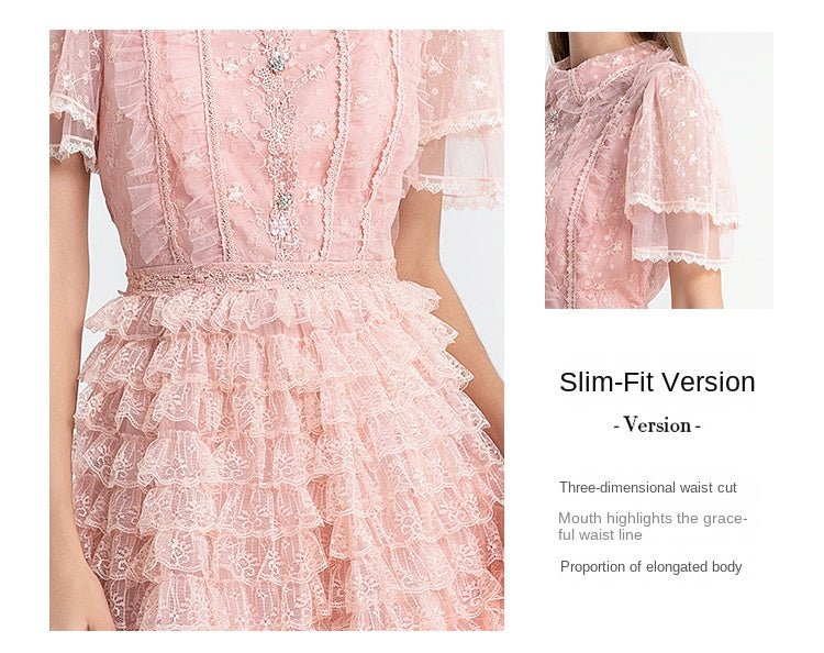 Original design short sleeved French sweet lace lace cake skirt with nail and diamond waist cinching temperament dress