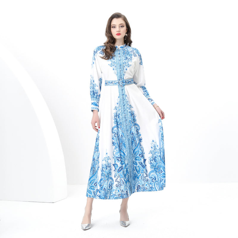 Original design: Spring, Summer, Autumn, resort style, vintage stand-up collar, single-breasted, lace panel, printed wide hem maxi dress
