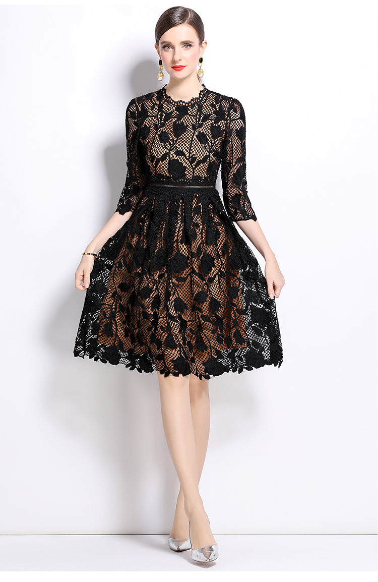 Original design mid long sleeved fashionable slimming hollow out water-soluble lace positioning mid length dress