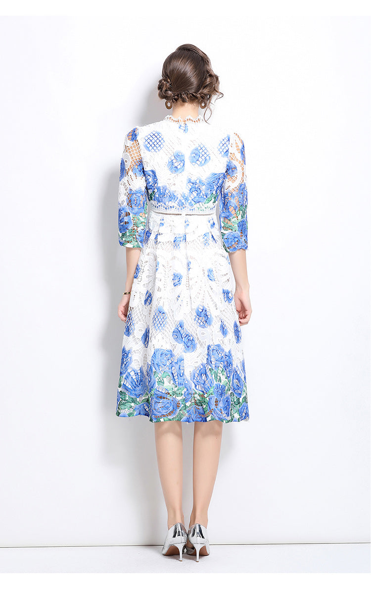 Original design mid long sleeved fashionable slimming hollow out water-soluble lace positioning mid length dress