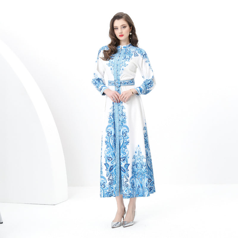 Original design: Spring, Summer, Autumn, resort style, vintage stand-up collar, single-breasted, lace panel, printed wide hem maxi dress