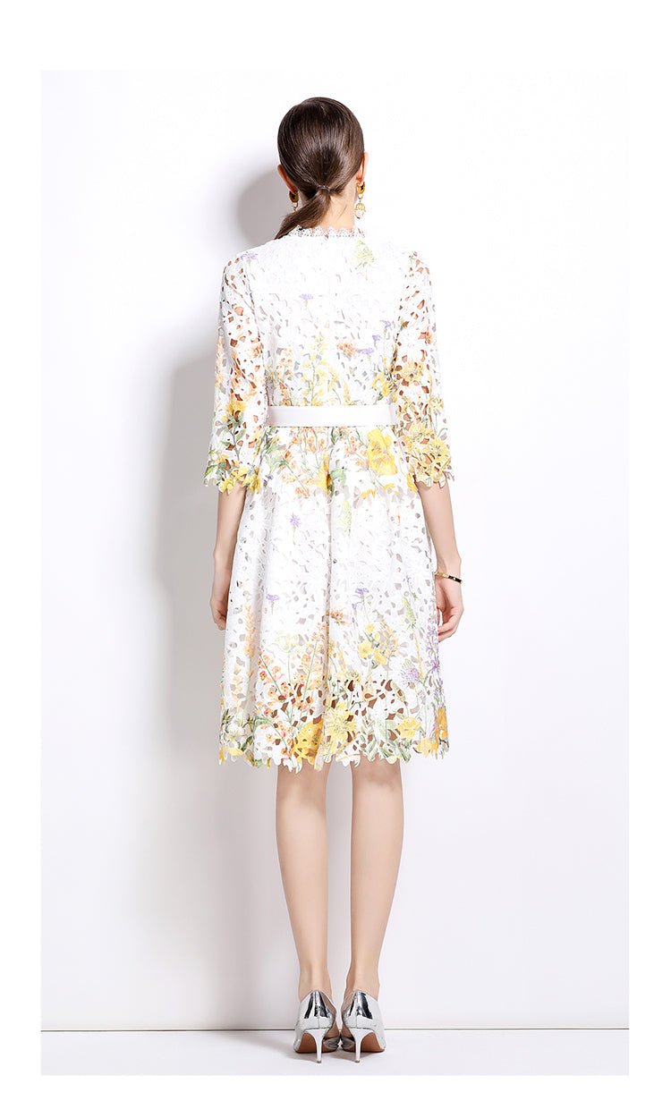 Original design mid long sleeved fashionable slimming hollow out water-soluble lace positioning mid length dress
