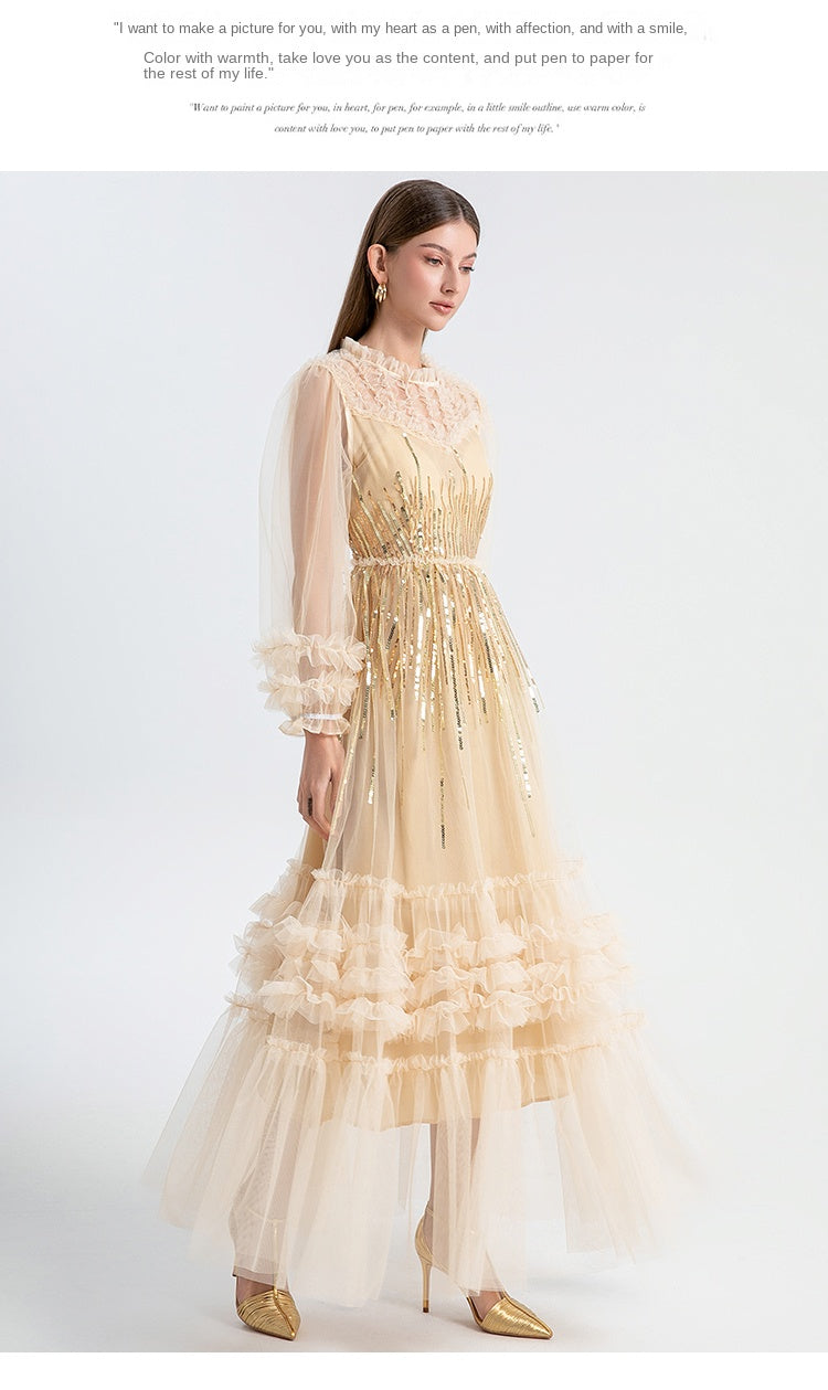 Original Design Heavy Industry Embroidered Glitter Mesh Splicing Black Fungus Edge Temperament Dress