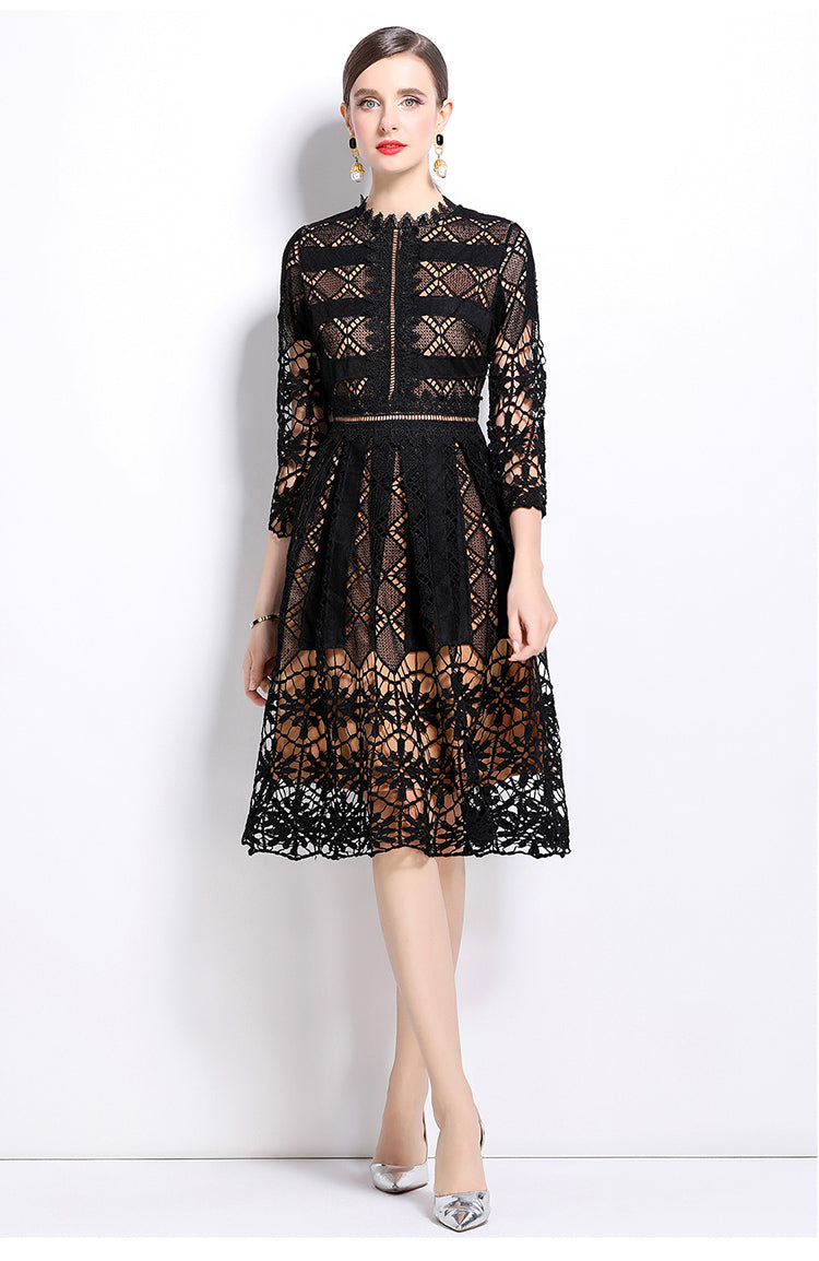 Original design mid long sleeved slimming hollow out water-soluble lace positioning printed mid length dress for spring, summer, autumn vacation