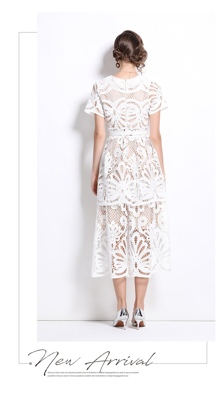 Original Design: Spring/Summer French Luxury Water soluble Embroidered Medium length Skirt with V-neck and Waist cinching to Look Thin Dress