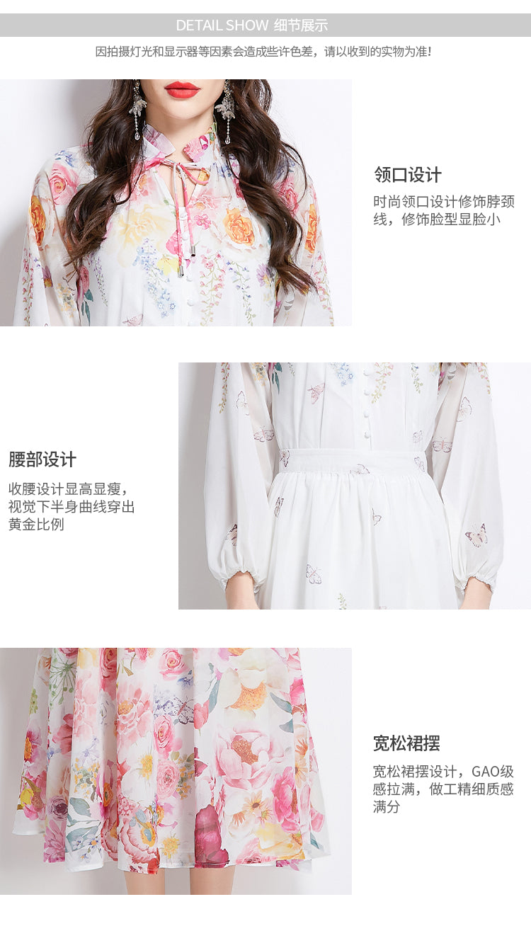 Original Design Spring Summer Autumn Vacation Lantern Sleeve Chiffon Shirt High Waist Half Skirt 2 Piece Set