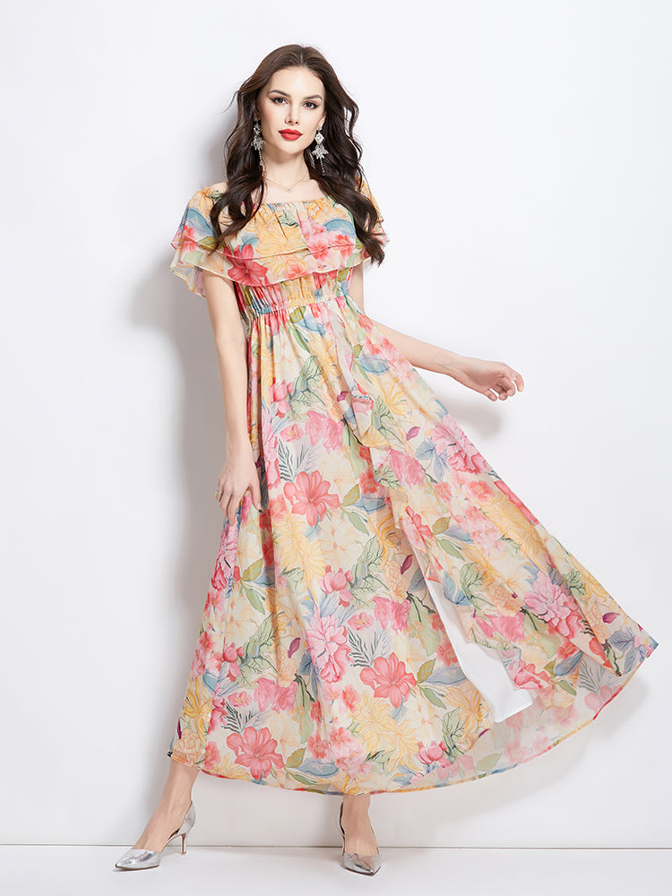 Original design for spring and summer new style with ruffled edge, one piece collar, waist cinched, big swing beach skirt, split chiffon dress